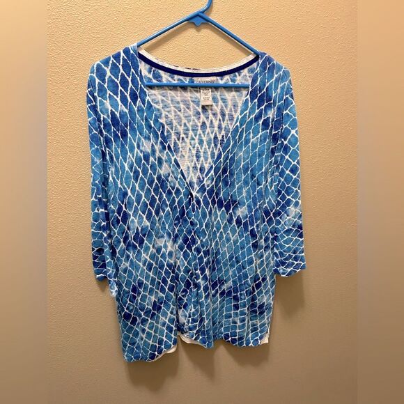 CATHERINES V Neck cardigan sweater Blue White Short Sleeve Top size 1X 18/20w - Picture 1 of 8